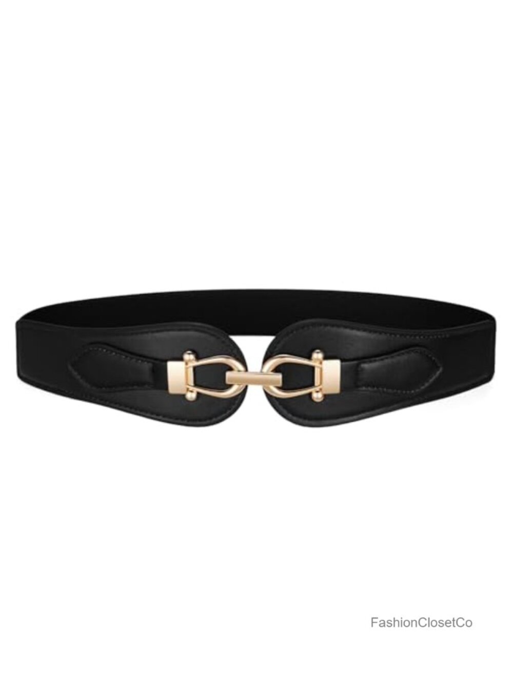 Wide Elastic Stretch Belt for Women Faux Leather Vintage Gold Buckle Waist